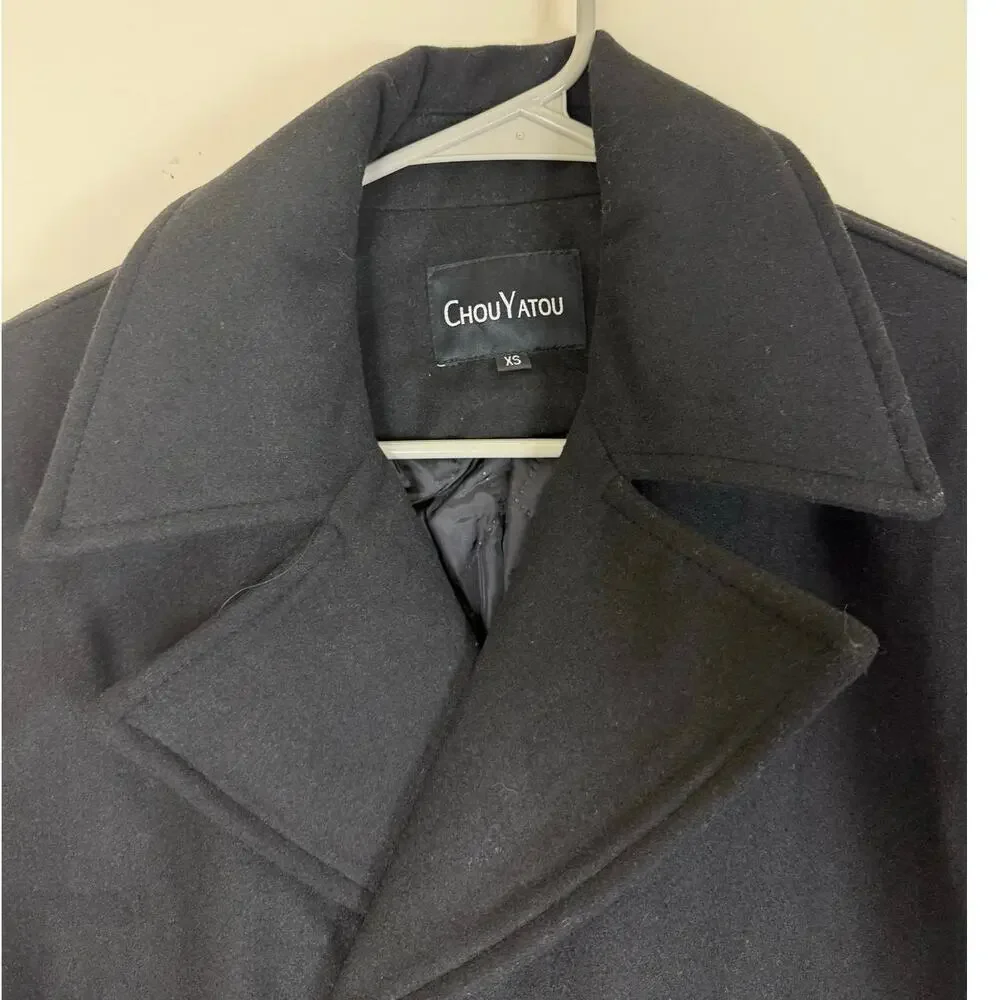 Chouyatou Men's Black Wool Blend Pea Coat - Size XS